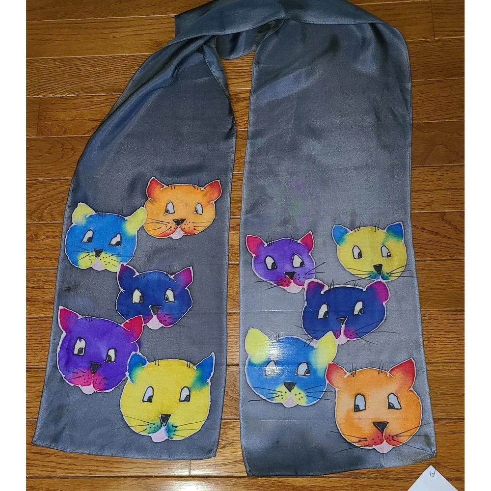 NWT ARTY'S 100% SILK SCARF HANDMADE Hand Painted Hand Rolled Cats 53‎ x 8 inches